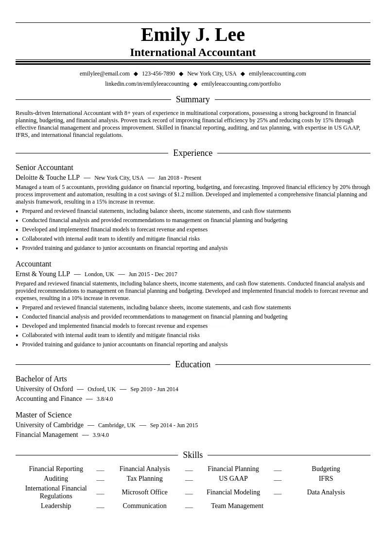 International Accountant with Multinational Corporation resume example