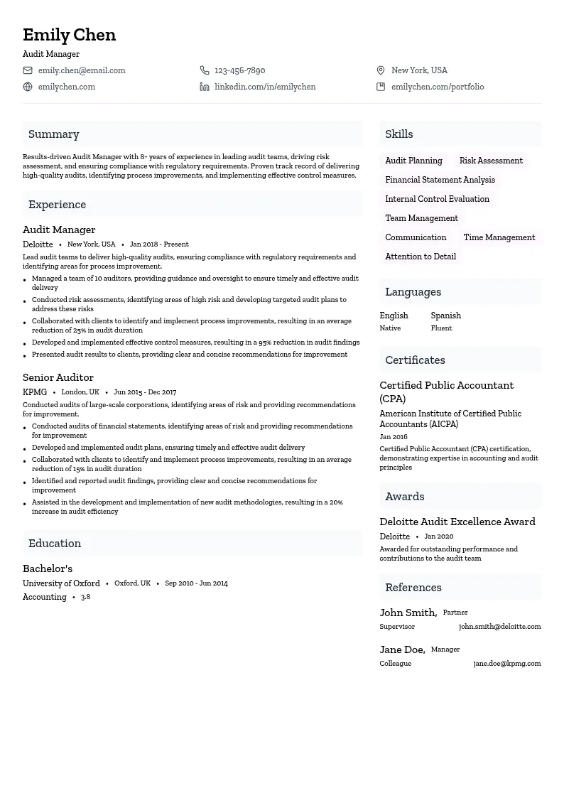 Audit Manager resume example