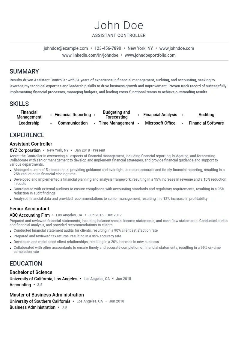 Assistant Controller resume example