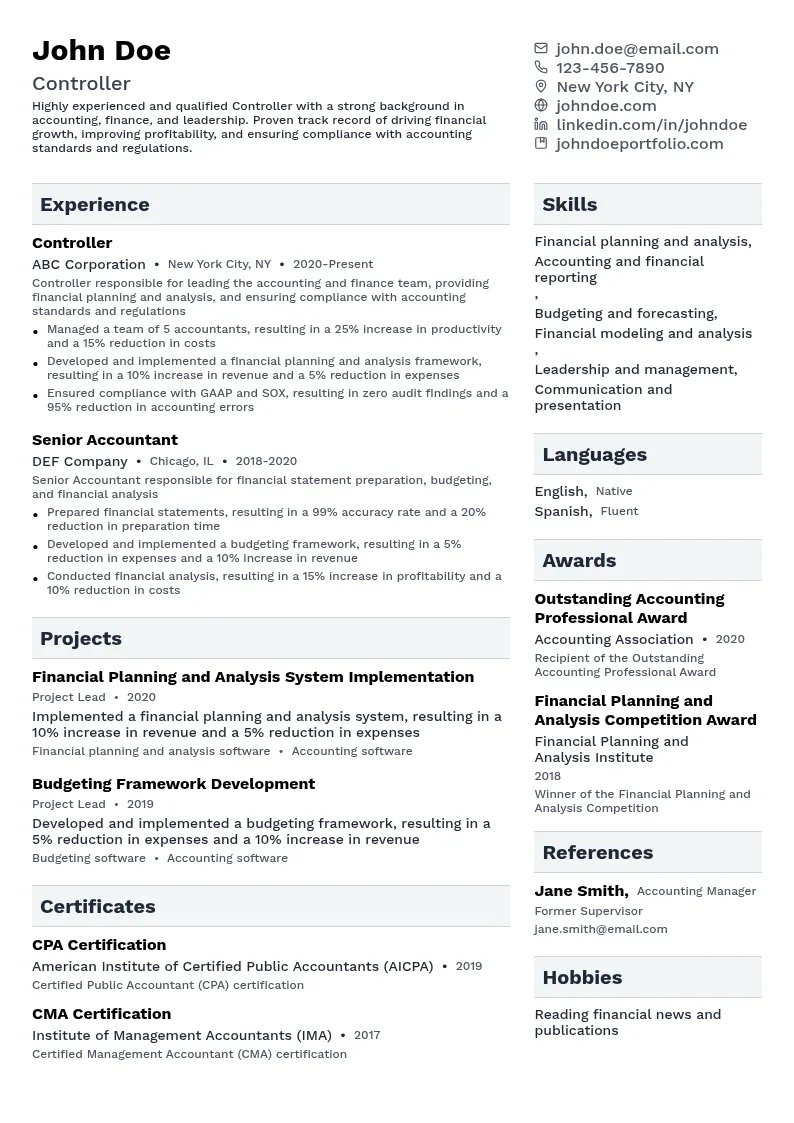 Controller resume example