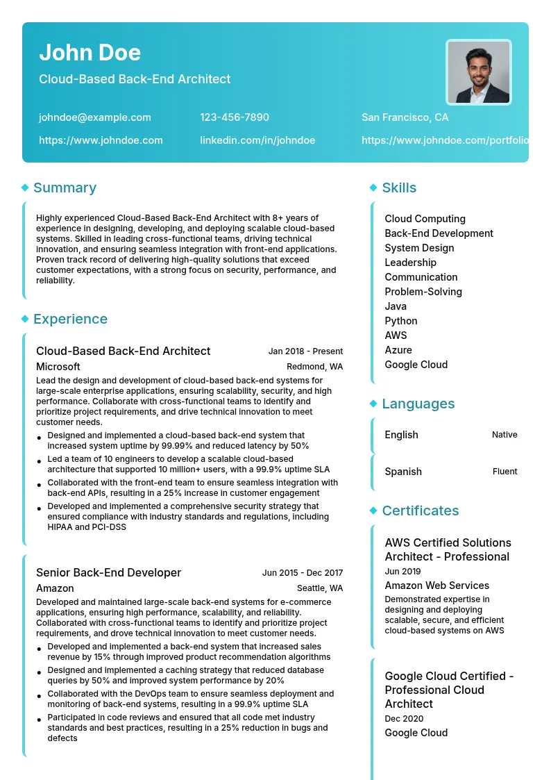 Cloud-Based Back-End Architect resume example