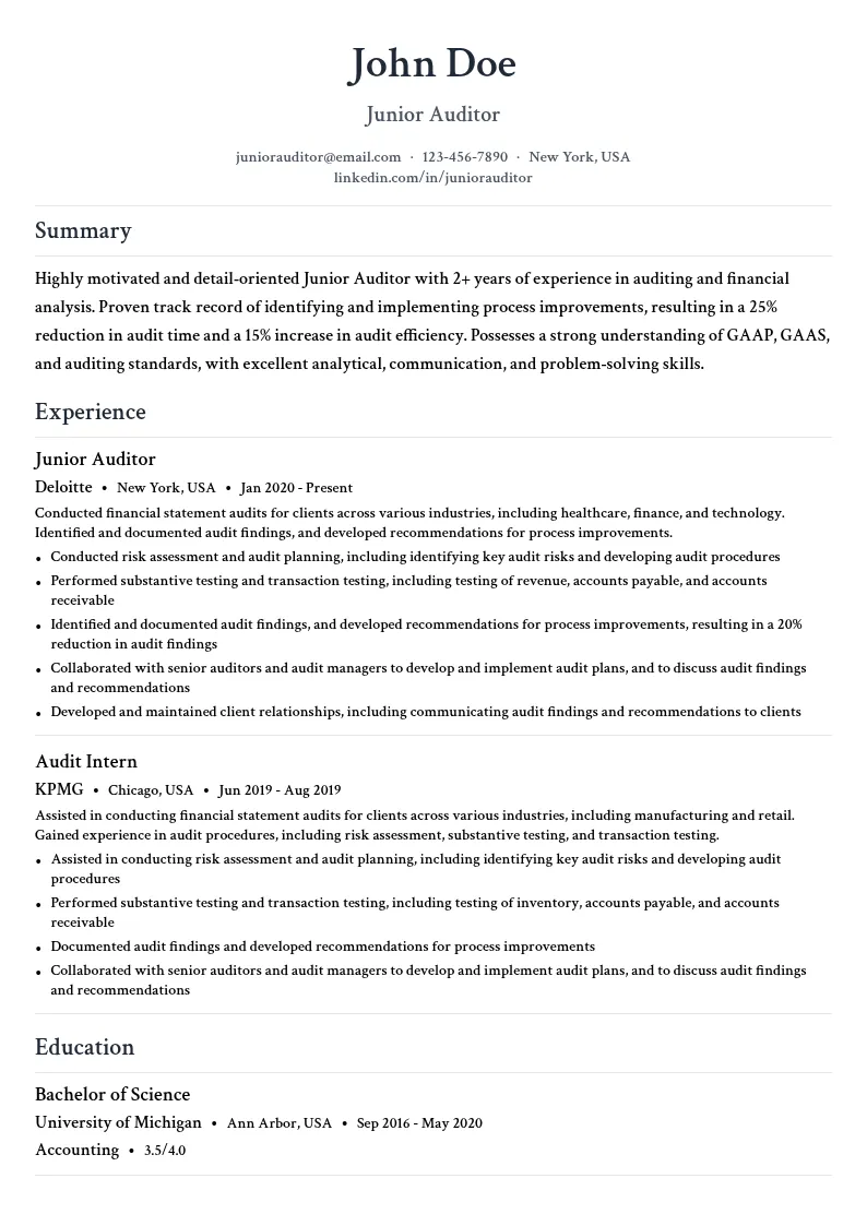 Junior Auditor resume example