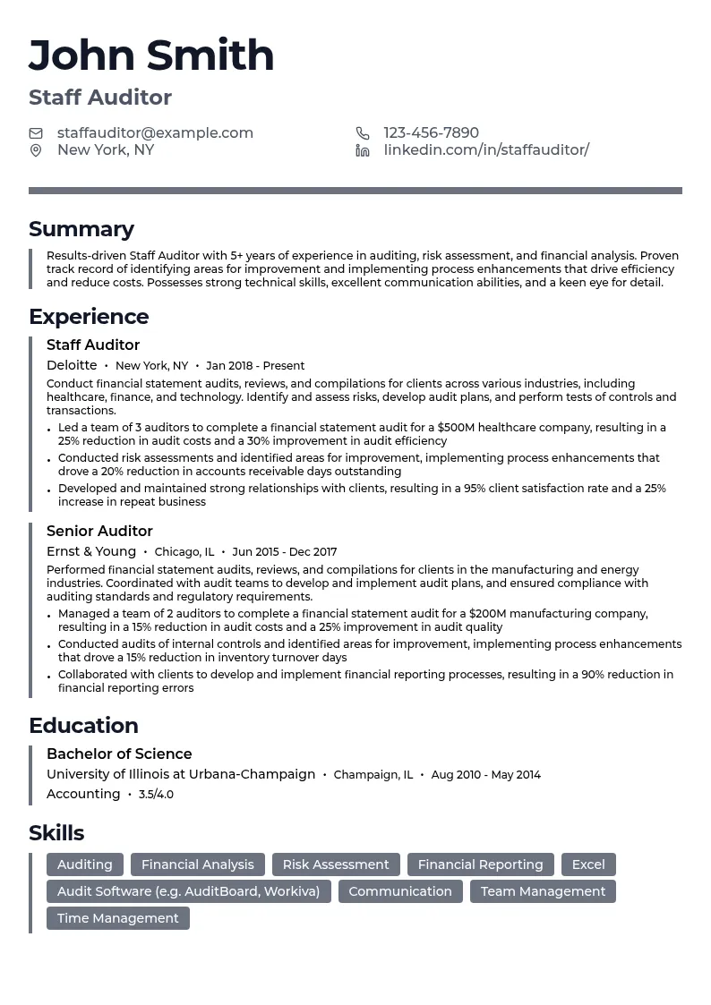 Staff Auditor resume example