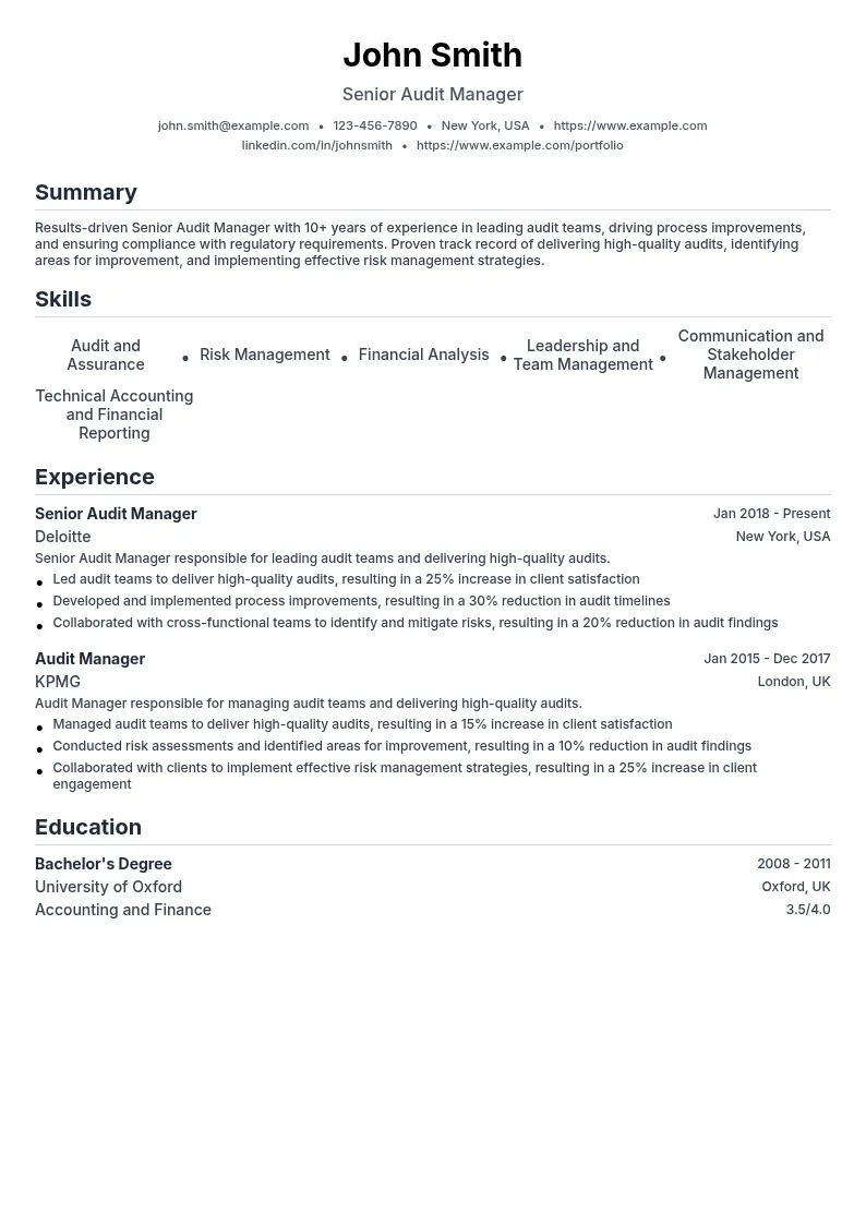 Senior Manager (Audit) resume example