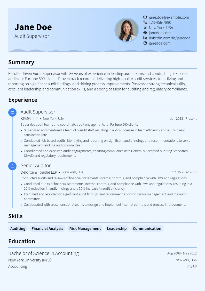 Audit Supervisor resume example