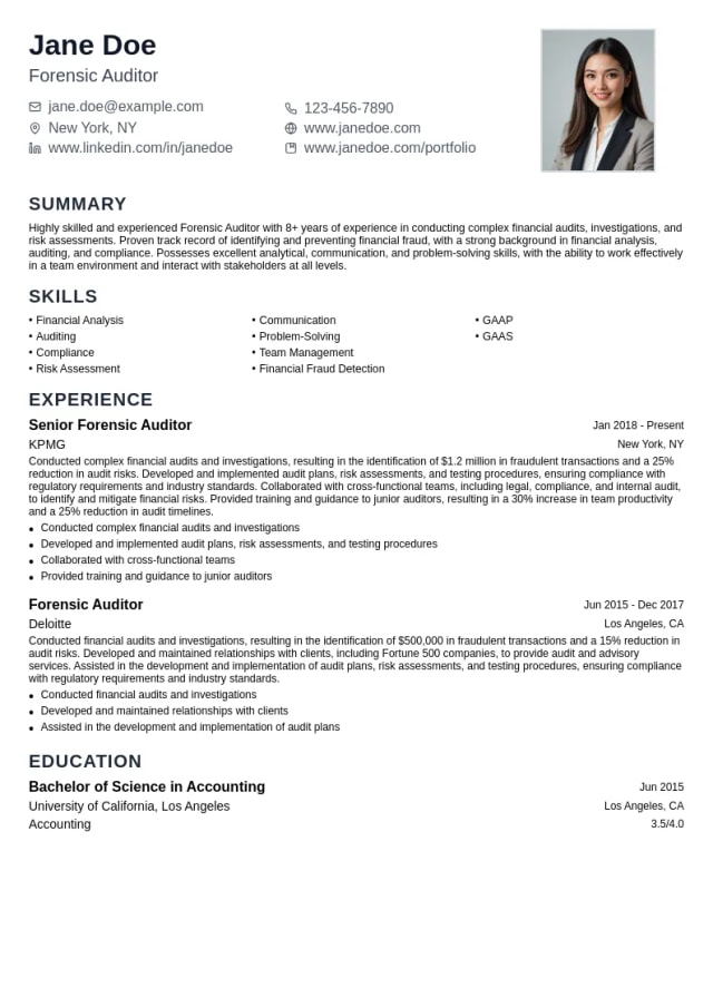 Forensic Auditor resume example