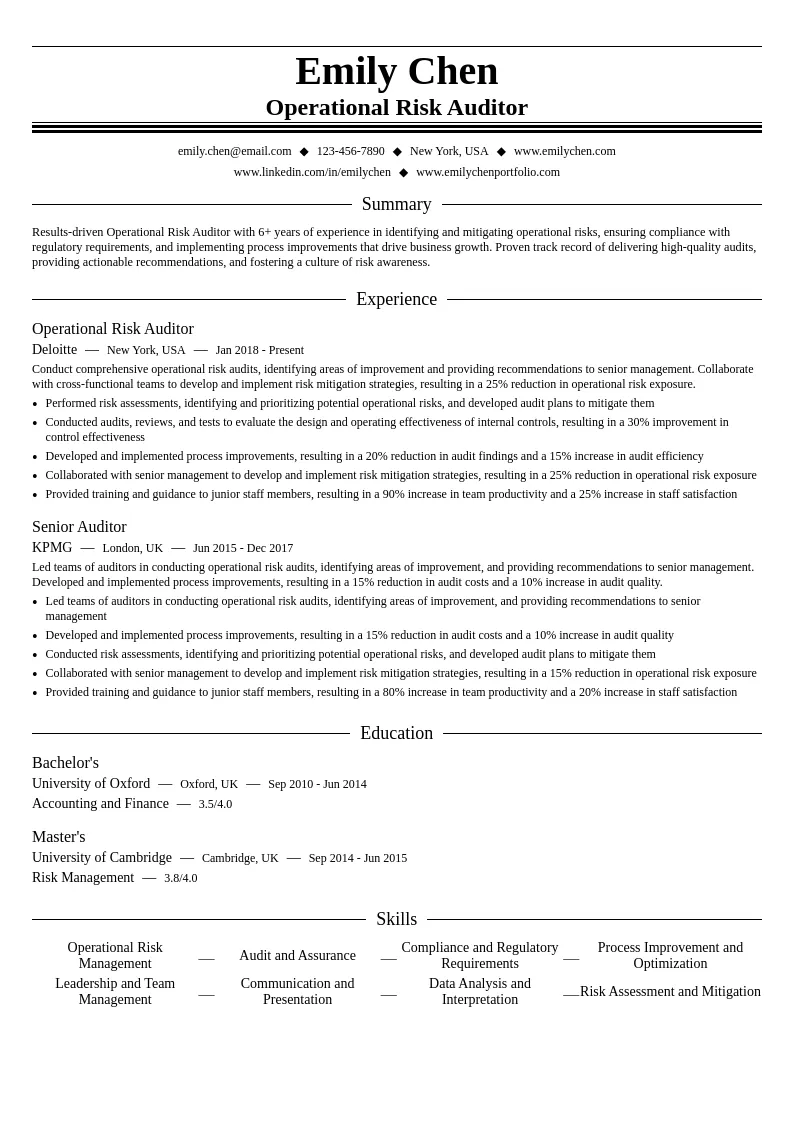 Operational Risk Auditor resume example