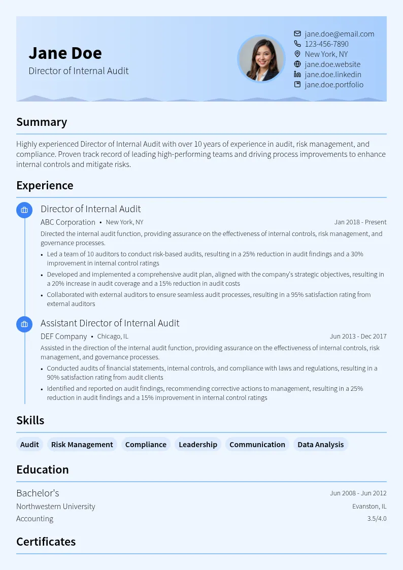 Director of Internal Audit resume example