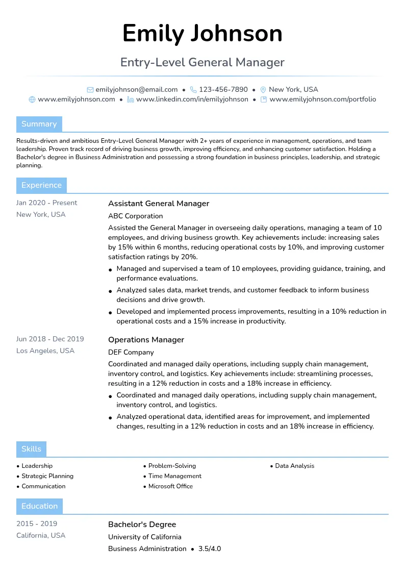 Entry-Level General Manager resume example
