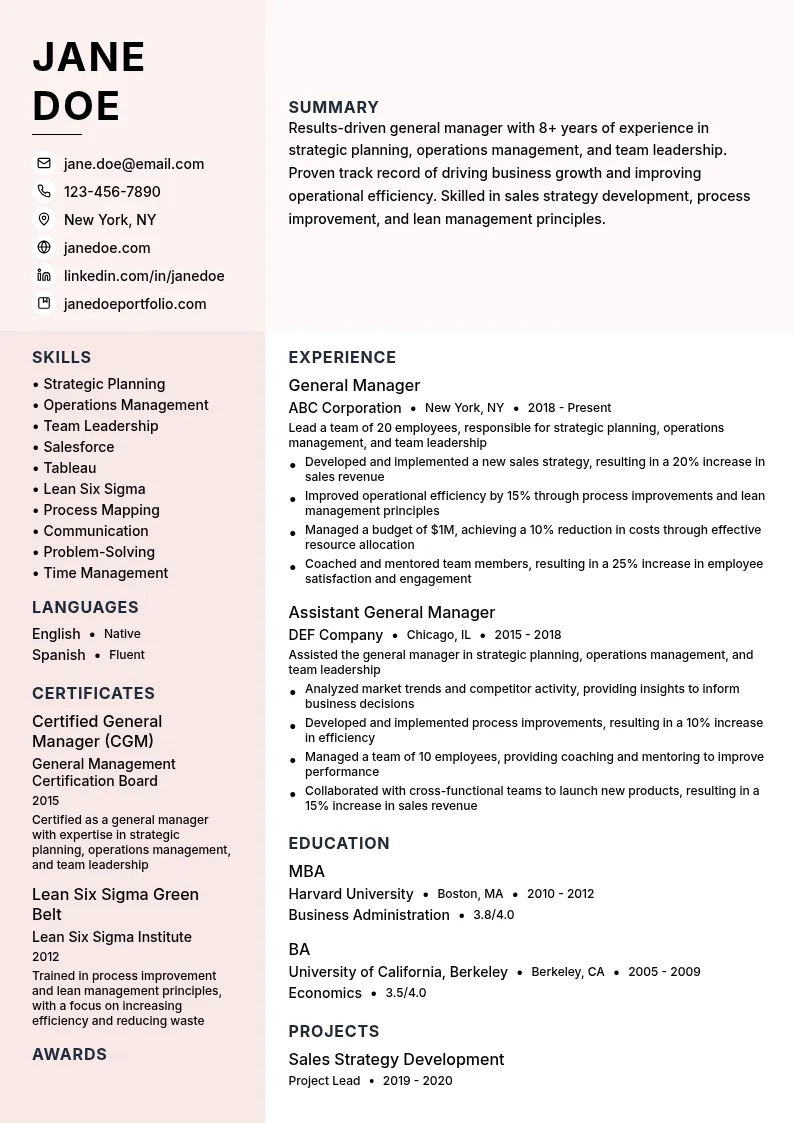 Mid-Level General Manger resume example