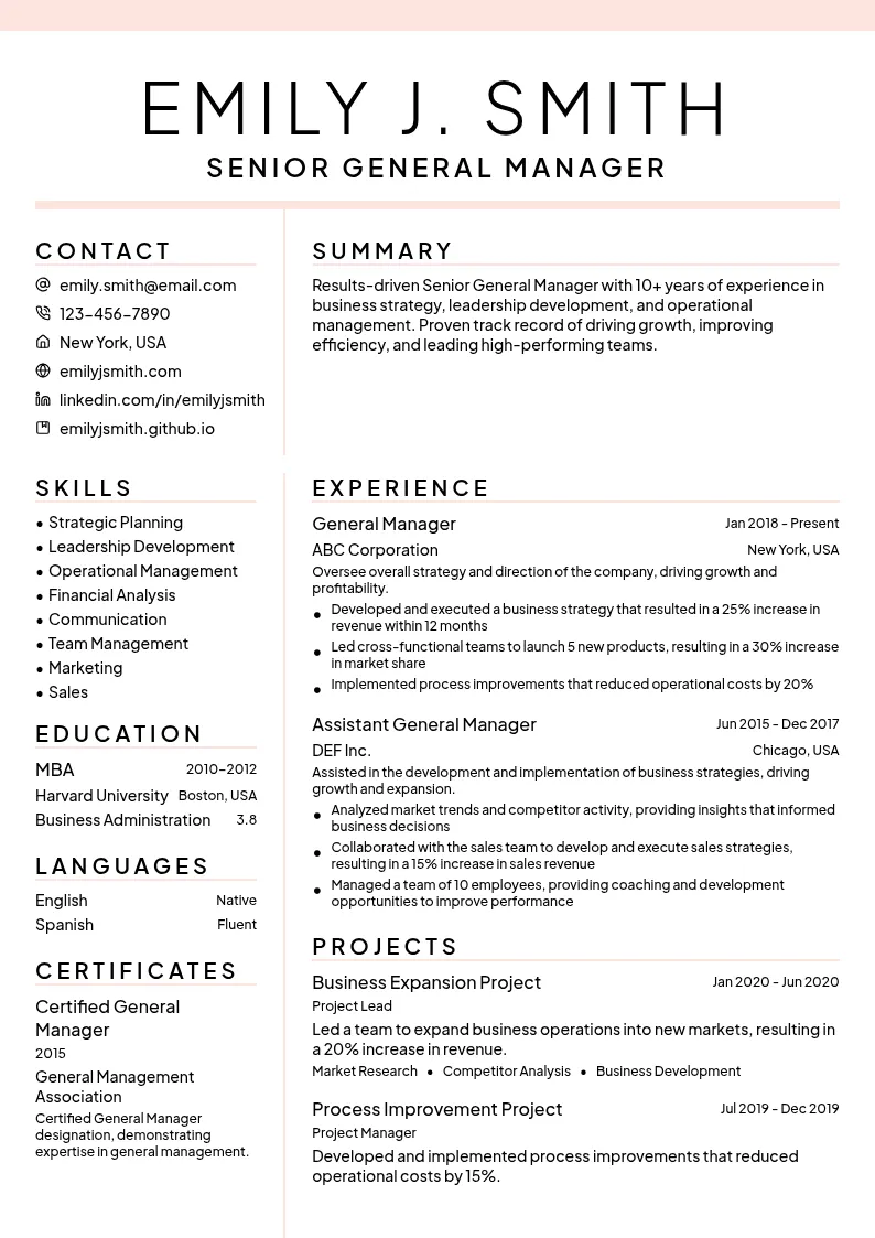 Senior General Manager resume example
