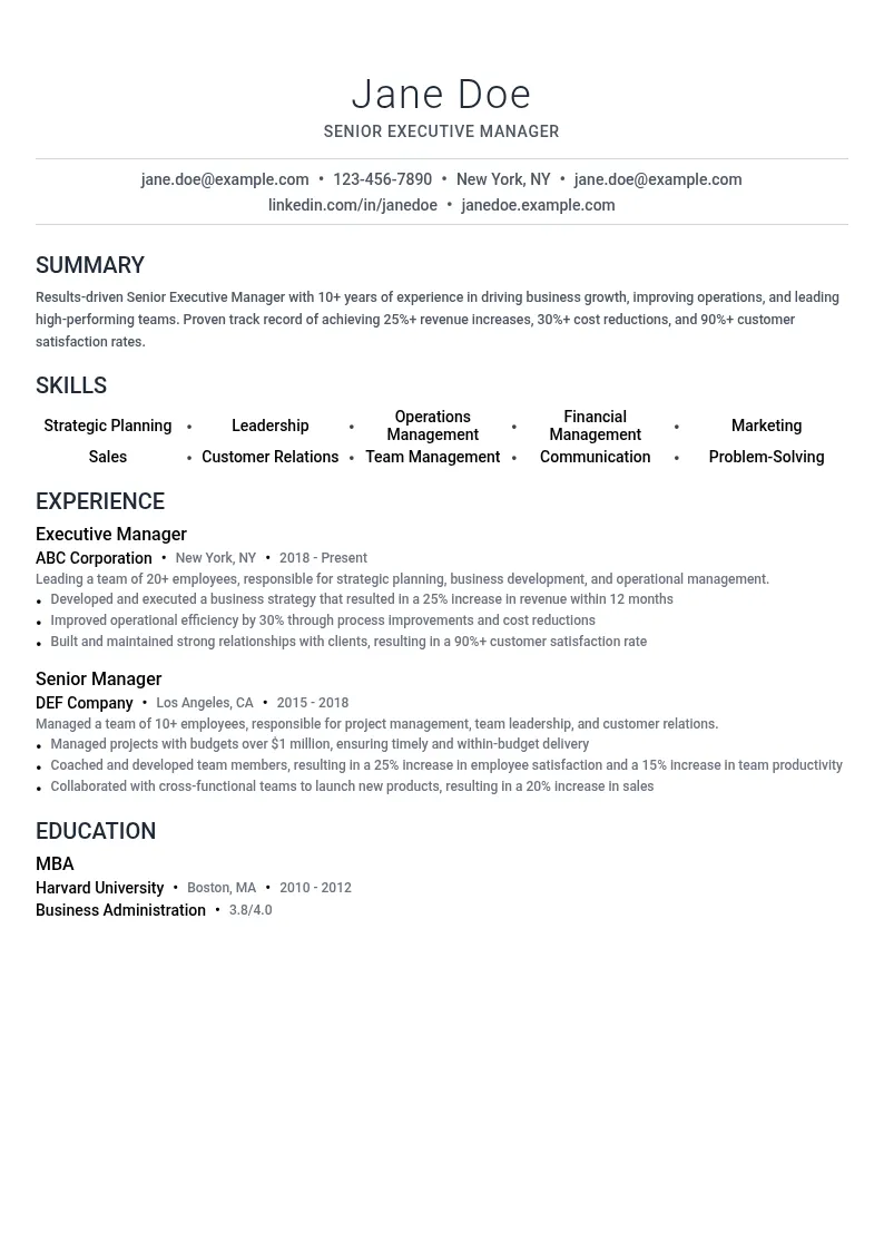 Senior Executive Manager resume example