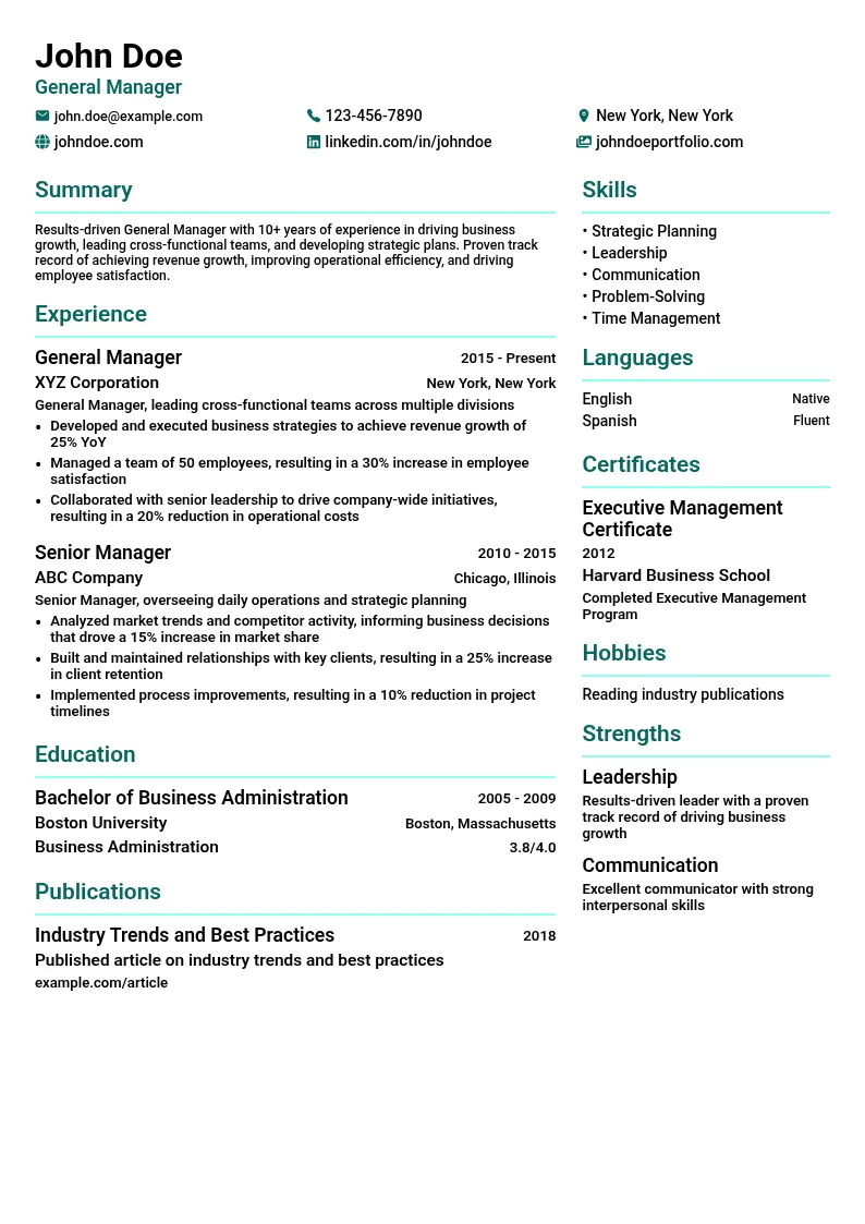 General Manger in Charge of a Division resume example