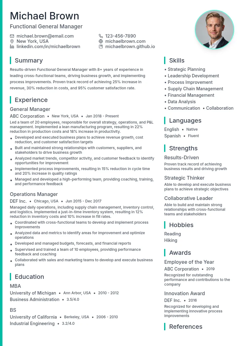 Functional General Manager resume example