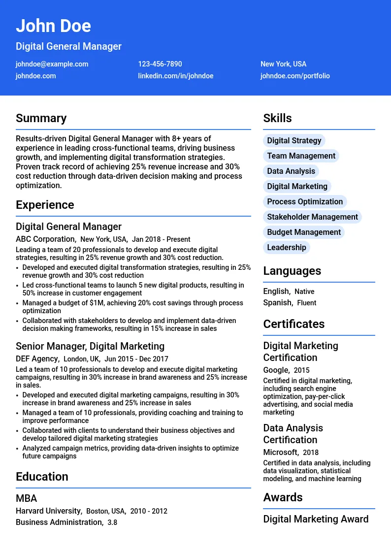 Digital General Manager resume example