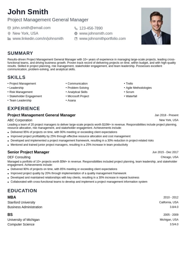 Project Management General Manager resume example