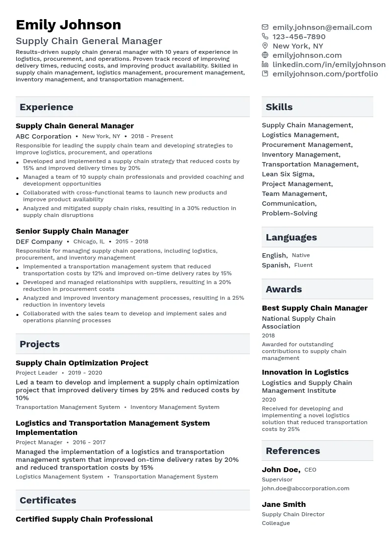 Supply Chain General Manager resume example