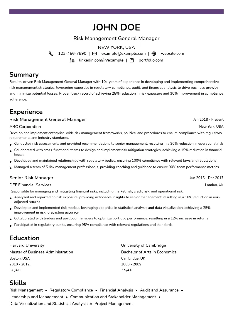 Risk Management General Manager resume example