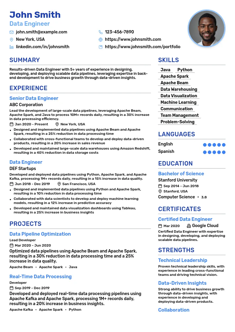 Data Engineer (Back-End Focus) resume example