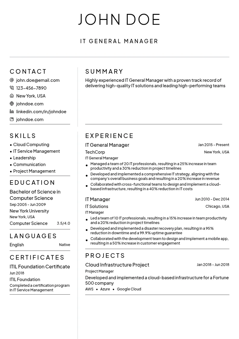 IT General Manager resume example