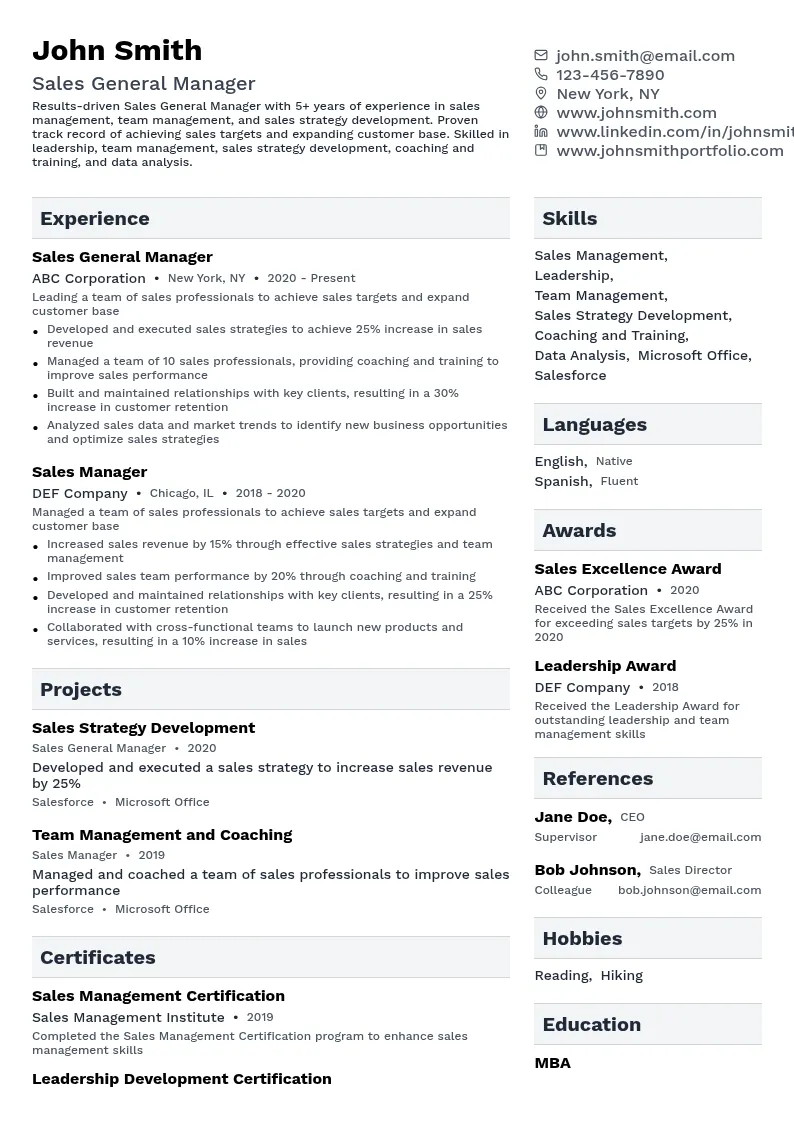 Sales General Manager resume example
