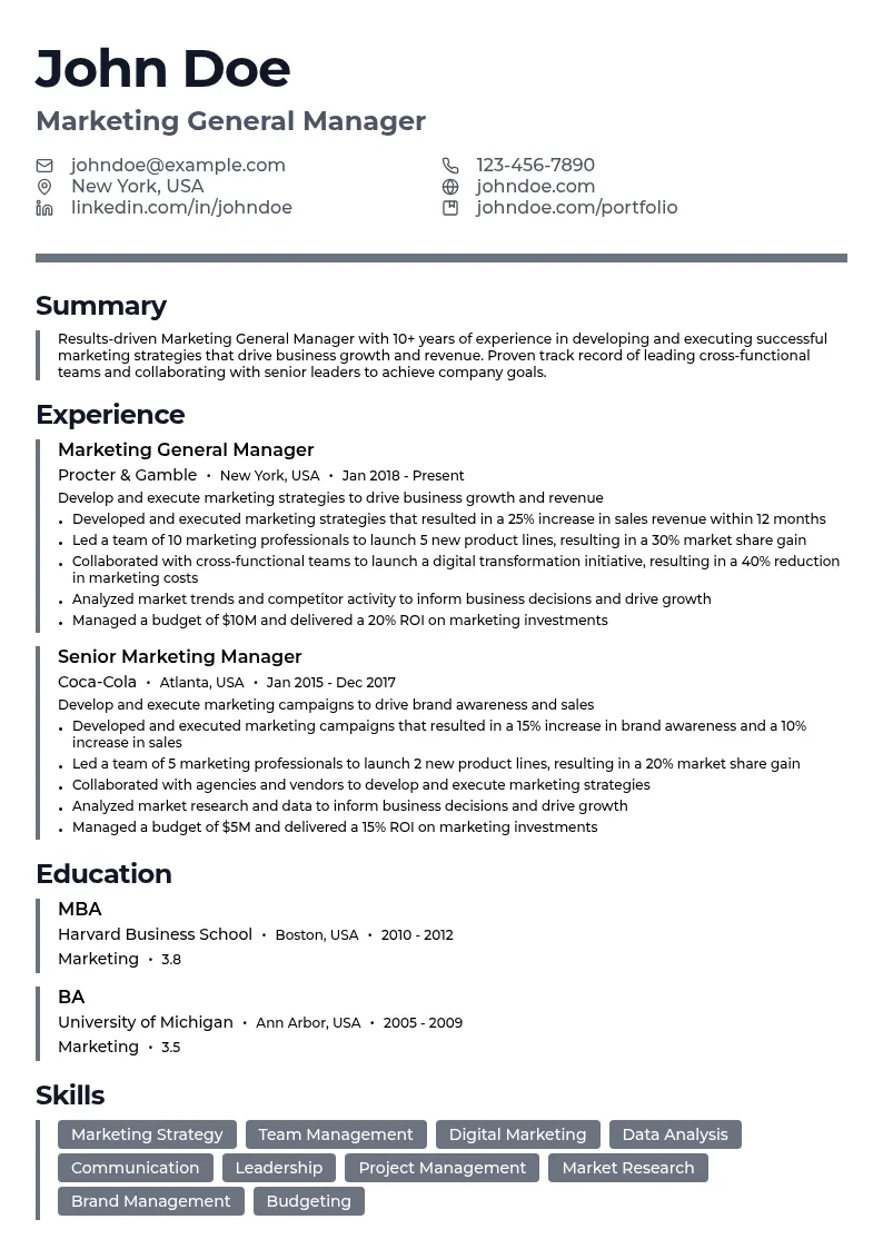 Marketing General Manager resume example