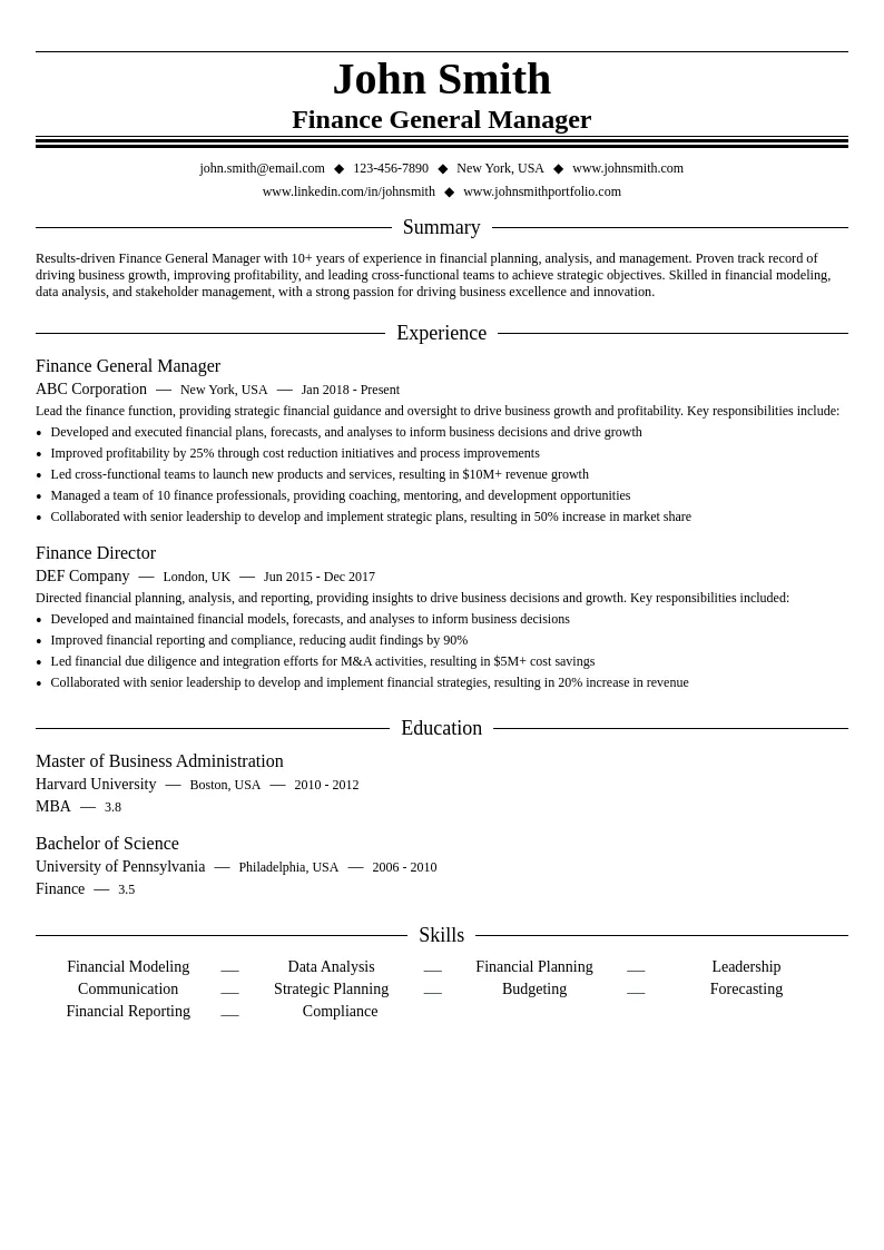 Finance General Manager resume example