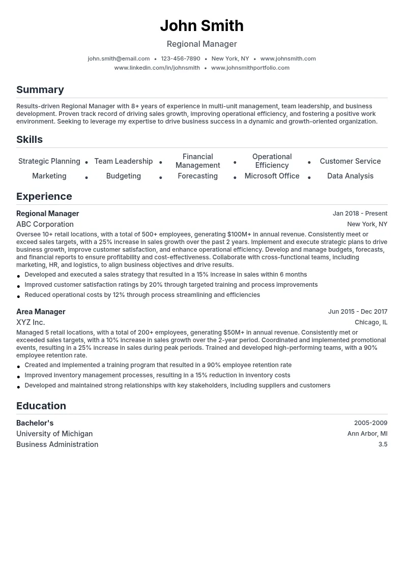 Regional Manager resume example