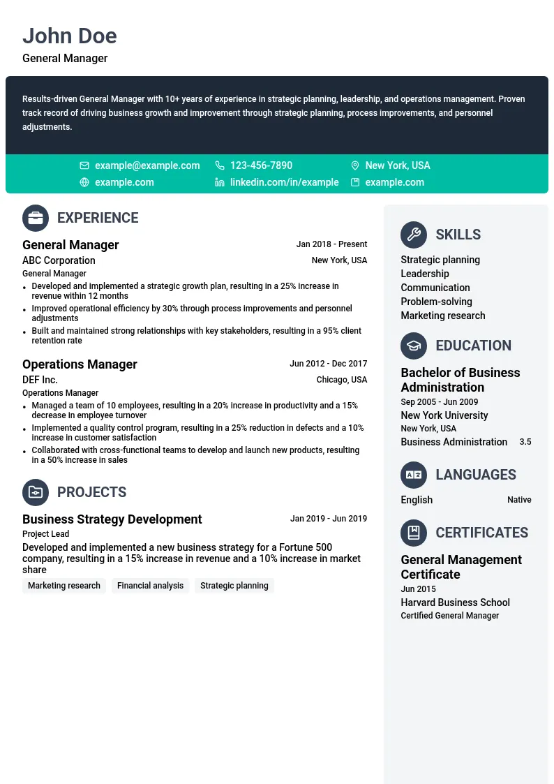 General Manager resume example