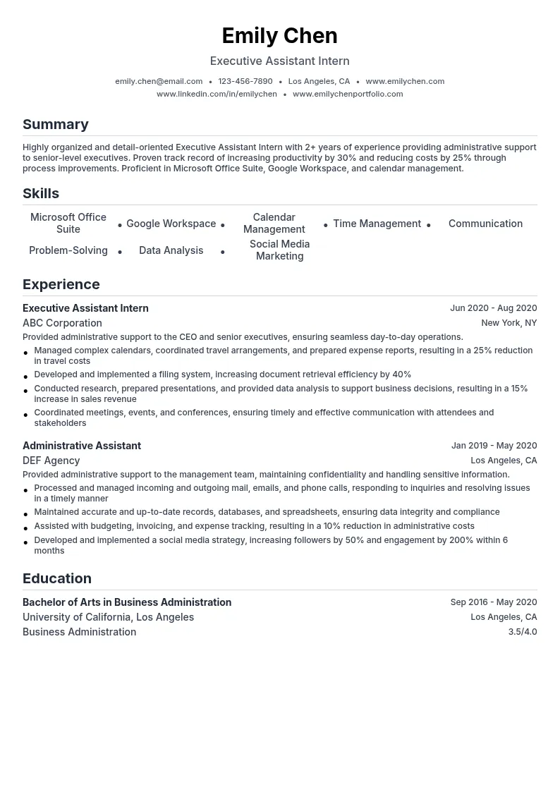Executive Assistant Intern resume example