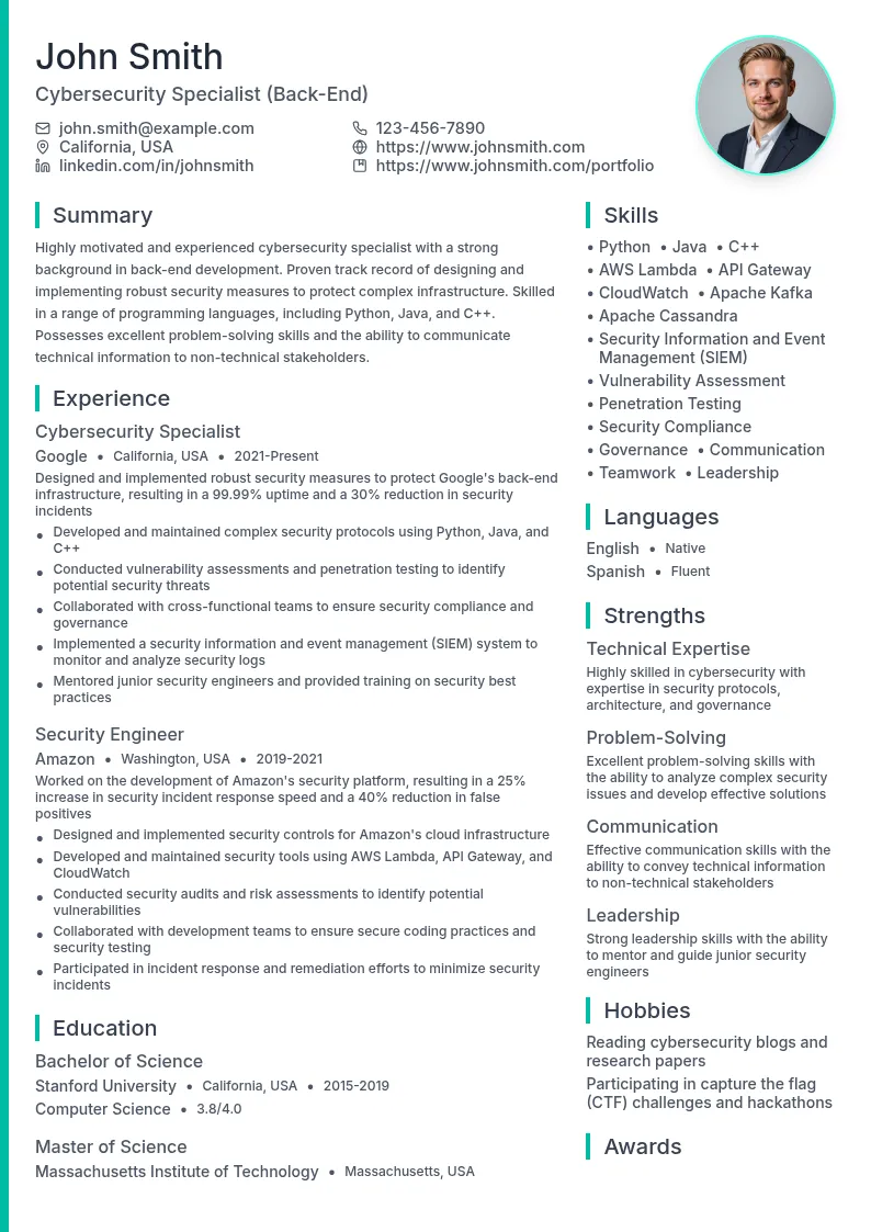 Cybersecurity Specialist (Back-End) resume example