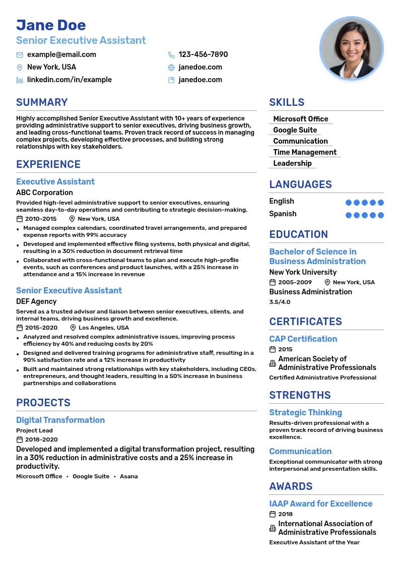 Senior Executive Assistant resume example