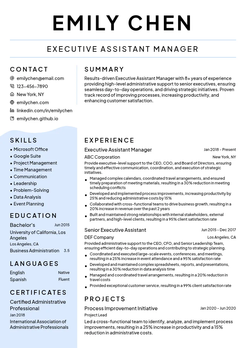 Executive Assistant Manager resume example