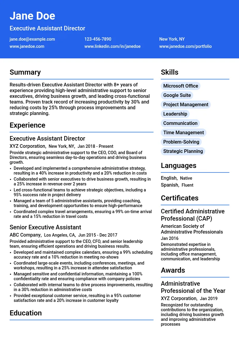 Executive Assistant Director resume example