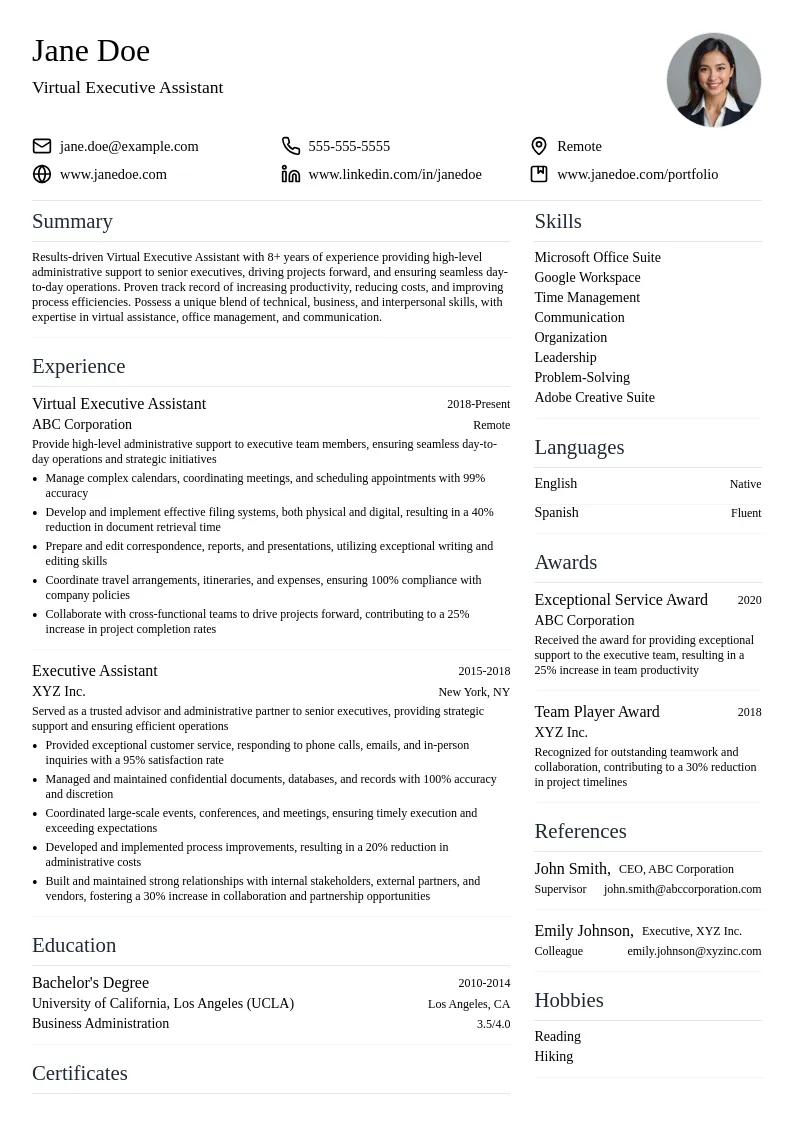 Virtual Executive Assistant resume example