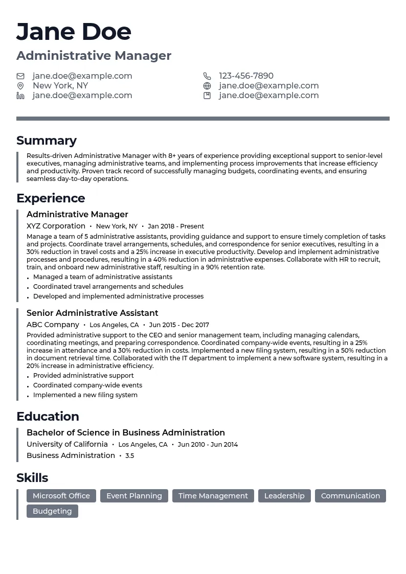 Administrative Manager resume example