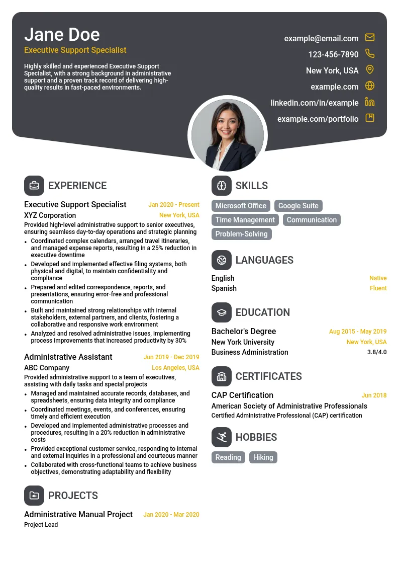 Executive Support Specialist resume example