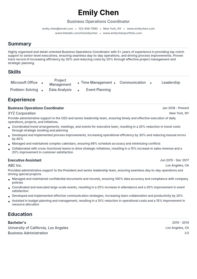Business Operations Coordinator resume example