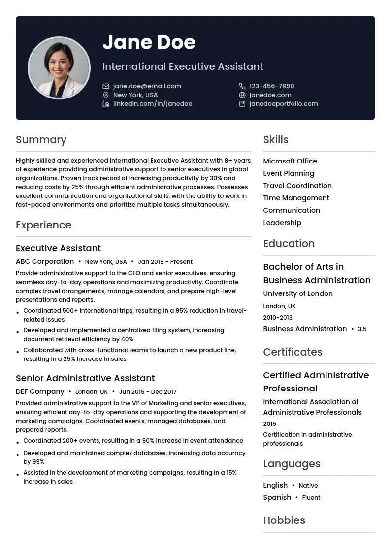 International Executive Assistant resume example