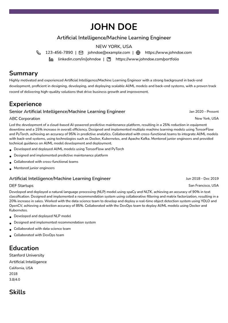 Artificial Intelligence/Machine Learning Engineer (Back-End) resume example
