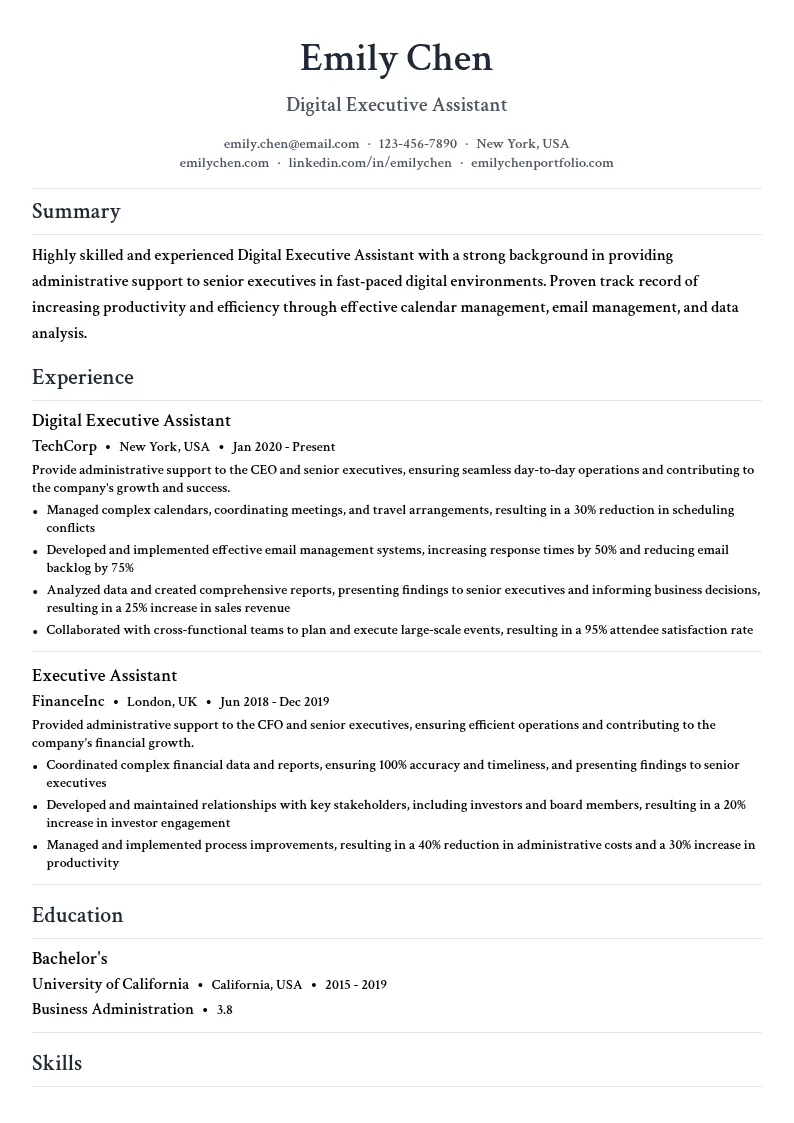 Digital Executive Assistant resume example