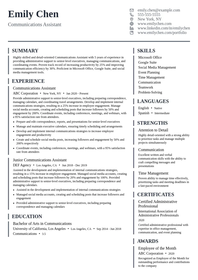 Communications Assistant resume example