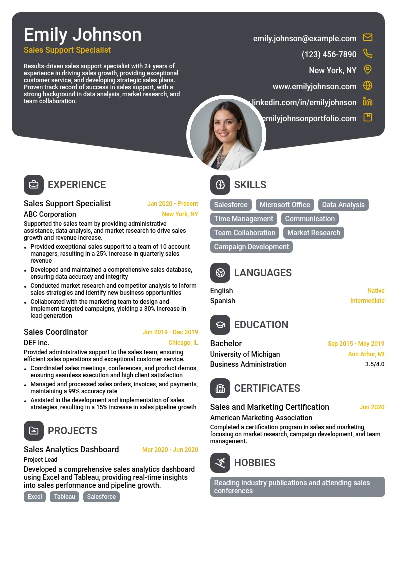 Sales Support resume example