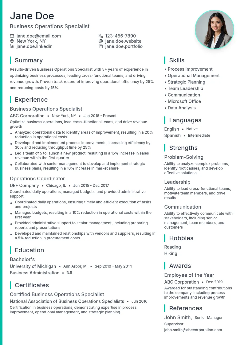 Business Operations Specialists resume example
