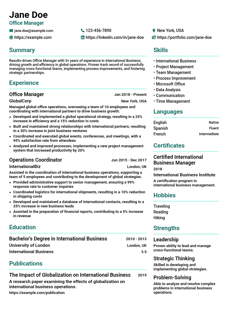 International Business resume example