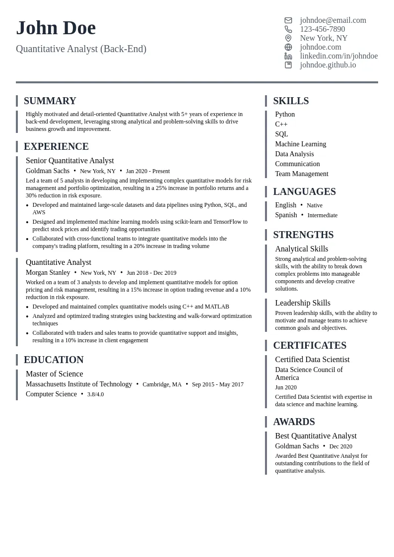 Quantitative Analyst (Back-End) resume example