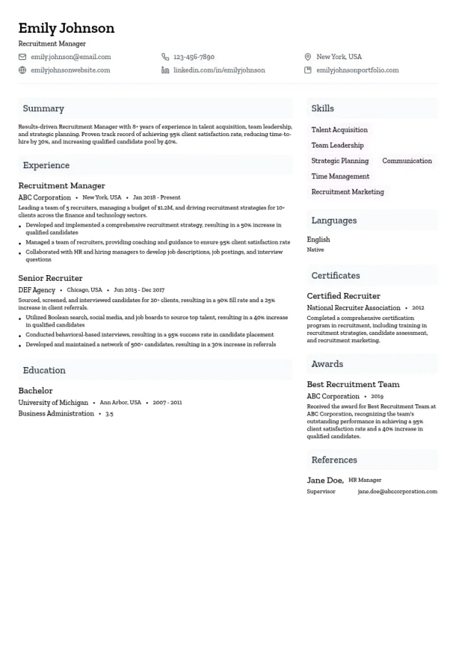 Recruitment Managers resume example