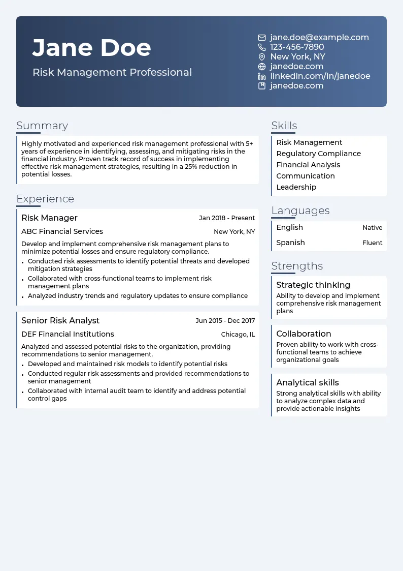 Risk Management resume example