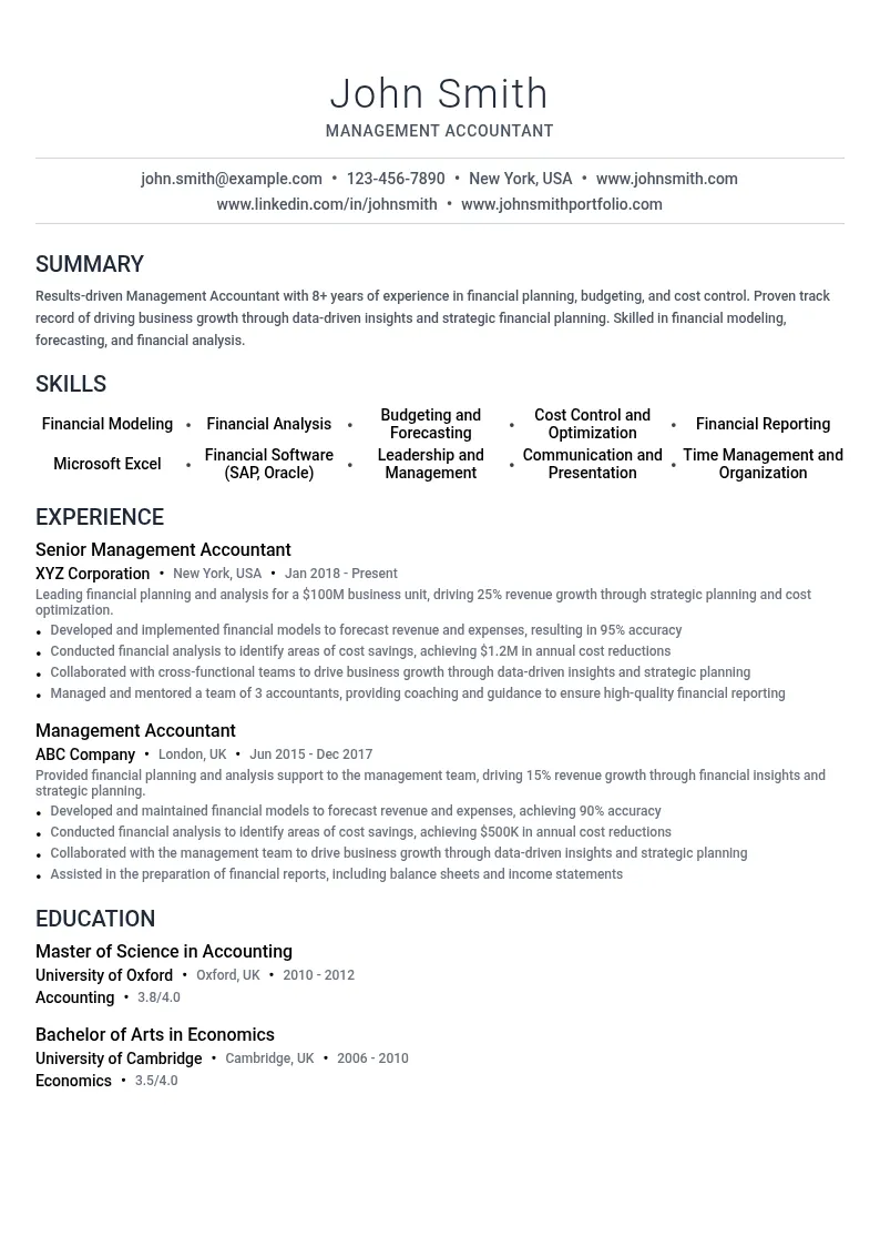 Management Accountancy resume example