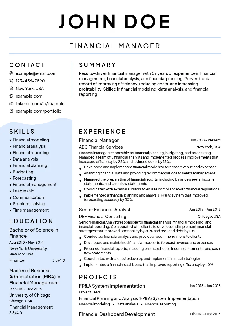 Financial Management resume example